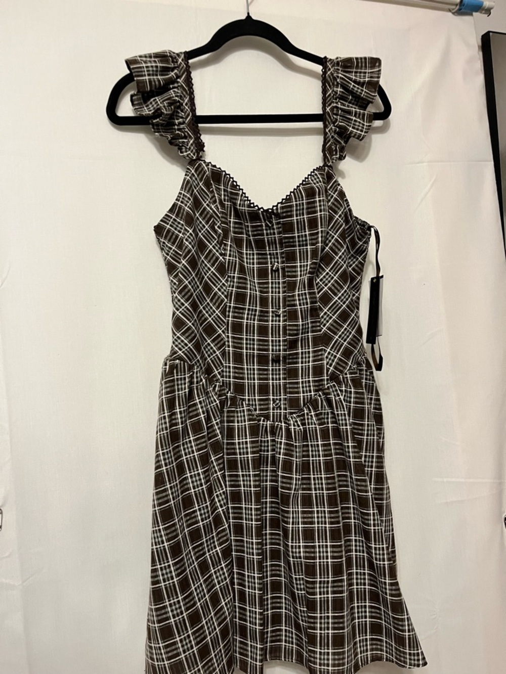 City Triangles Brown Plaid Ruffle Strap Mini Dress